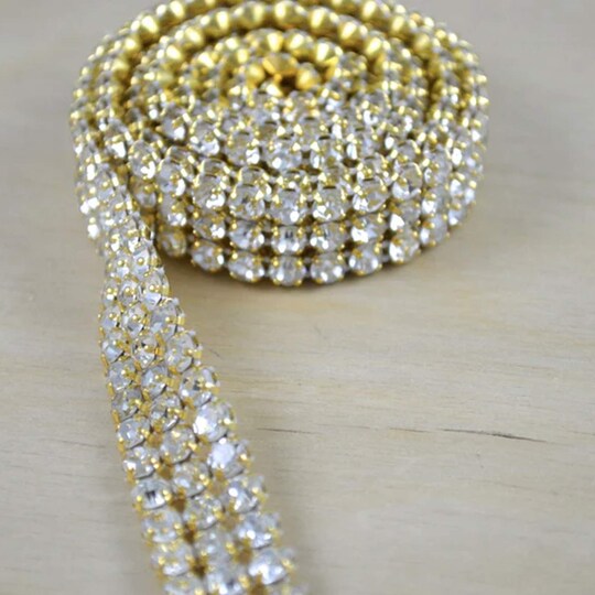 1 Yard 3/4" Gold Banded Sparkling Rhinestone Trim – Mesh Ribbon for Wedding Decor